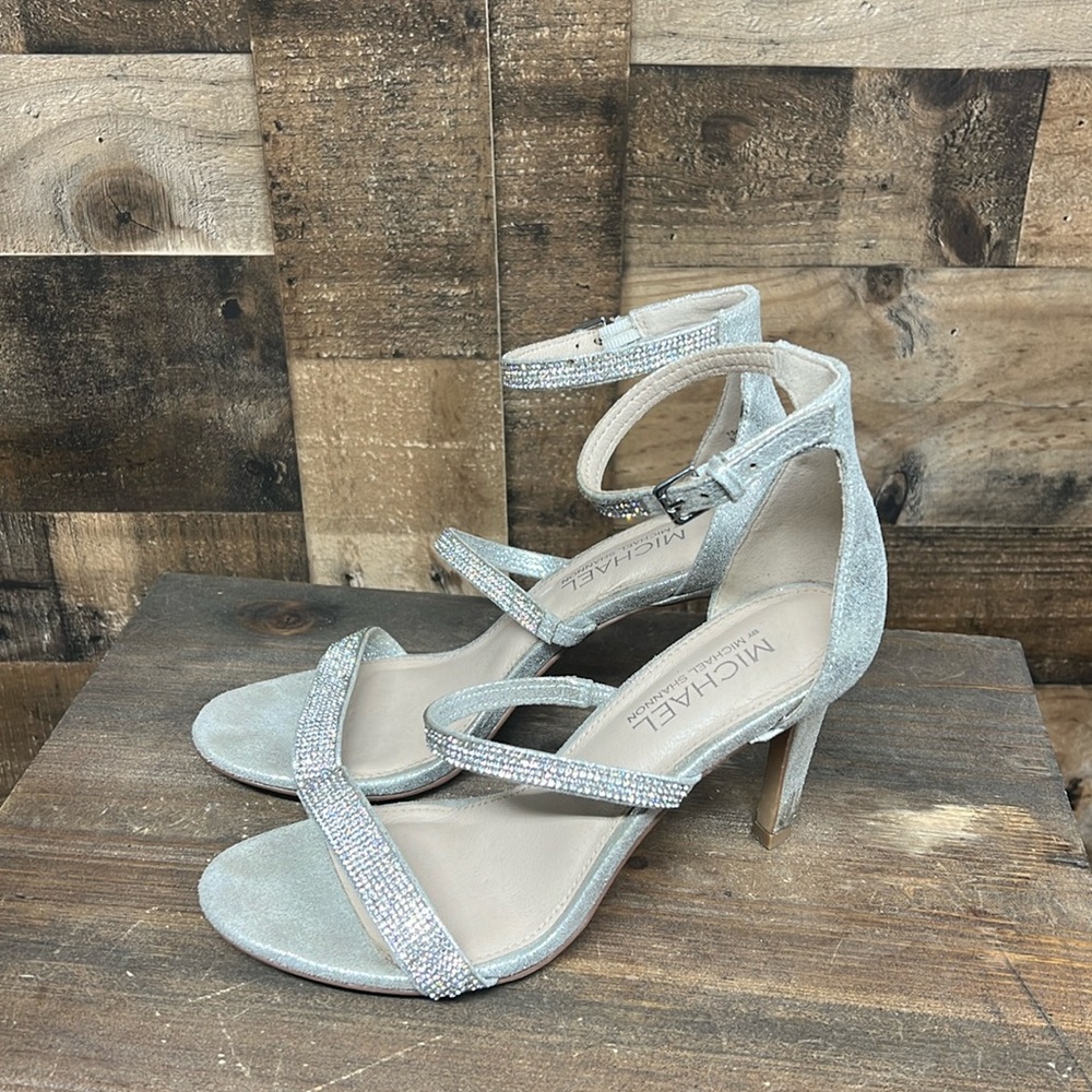 Michael by Michael Shannon Sylvia Silver Rhinestone Ankle Strap Heels Women's  7